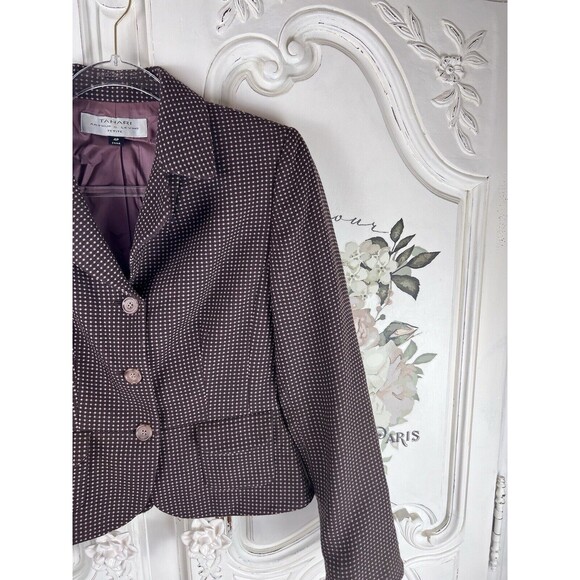 Tahari Brown Pink Polka Dots Light Tweed Blazer Pockets 3 Button, Size 4P - Picture 7 of 12
